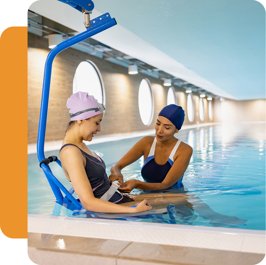 Swimming therapy session with adaptive equipment.